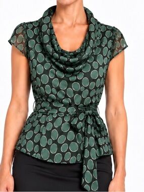 Vintage Odille for Anthropologie Cowl Neck Silk Blouse Black / Green Size 8